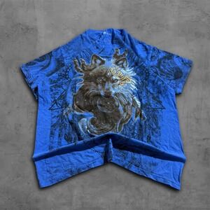 Vintage Vneck‎ Graphic T Shirt Wolf Native American Grunge Y2k Design Size Large